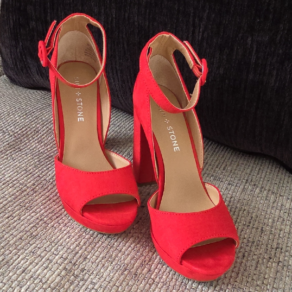 Sun + Stone Vibrant Red Peep-Toe Heels